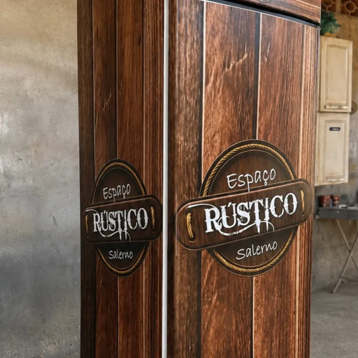 Cervejeira plotada com textura de madeira e a marca do Espaço Rústico